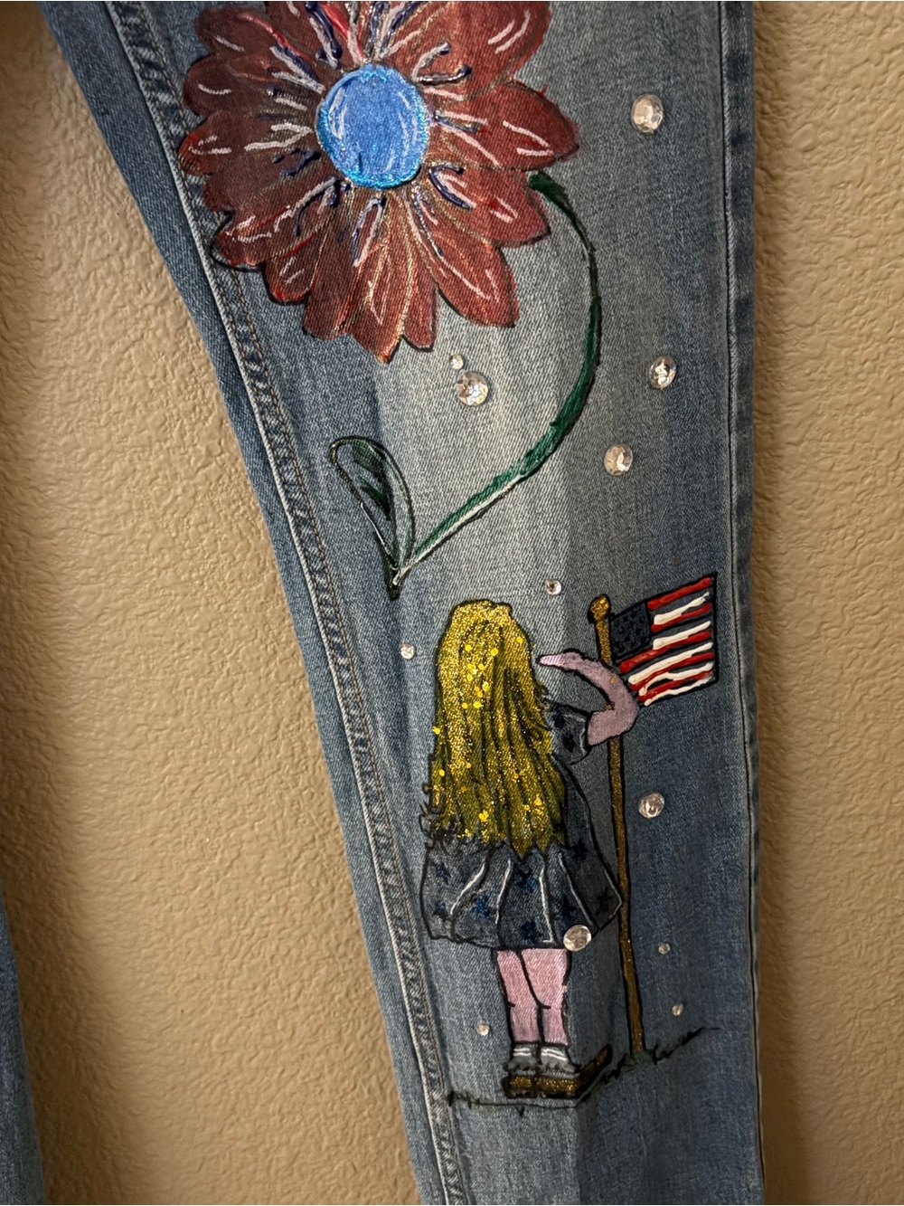Time and Tru Light Blue Skinny Jeans with Painted Floral Design - Picture 3 of 5